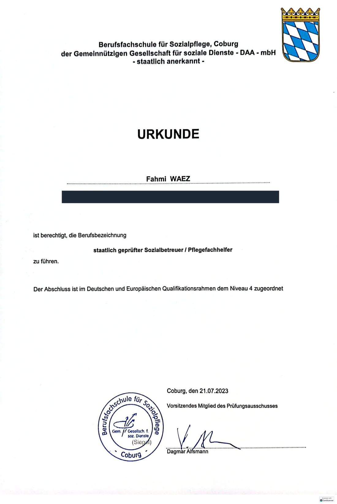 Urkunde: Fahmi Waez, staatlich geprüfter Sozialbetreuer und Pflegefachhelfer, Berufsfachschule für Sozialpflege Coburg 2023