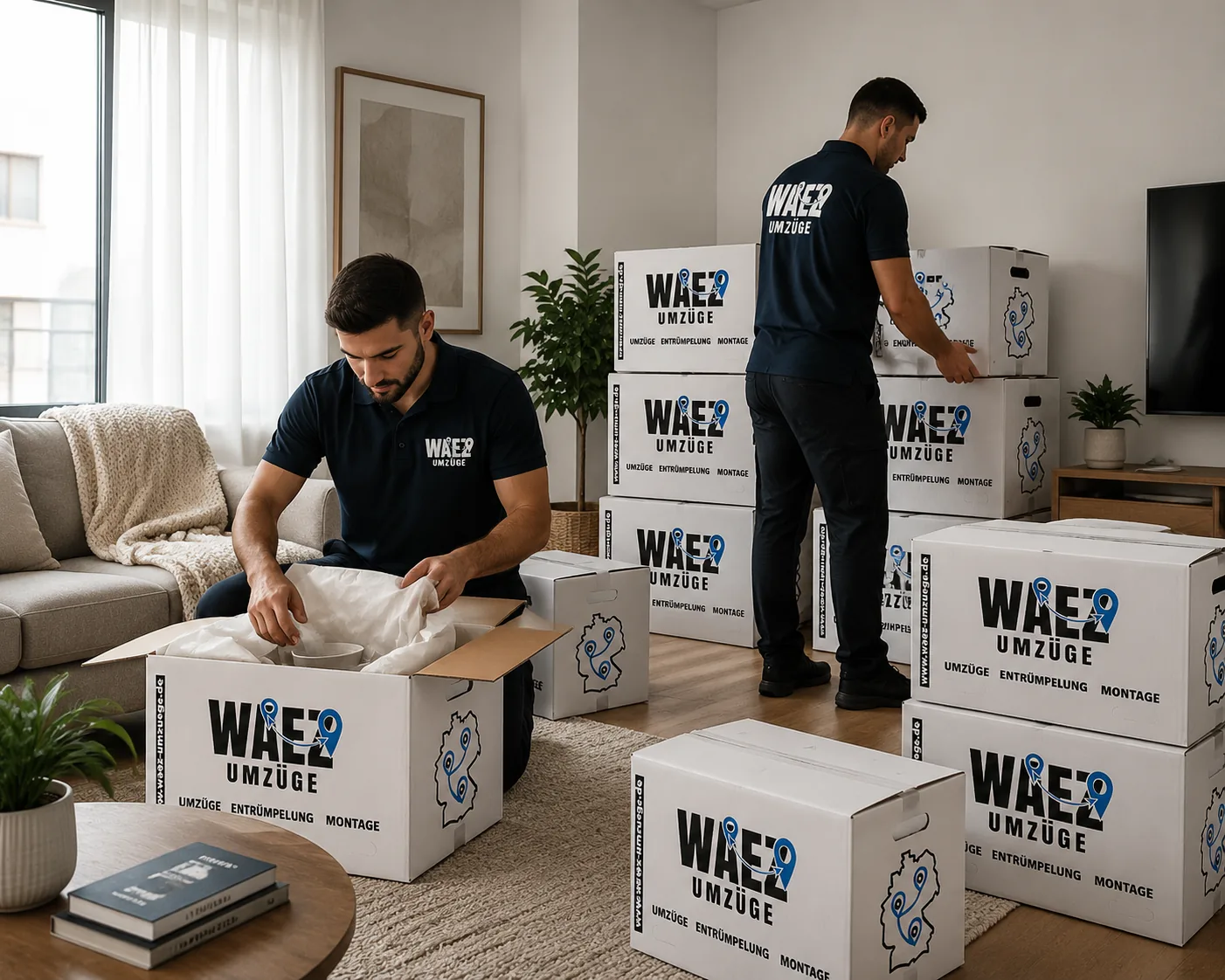 WAEZ Umzüge Team beim Einpackservice im Wohnzimmer – Coburg