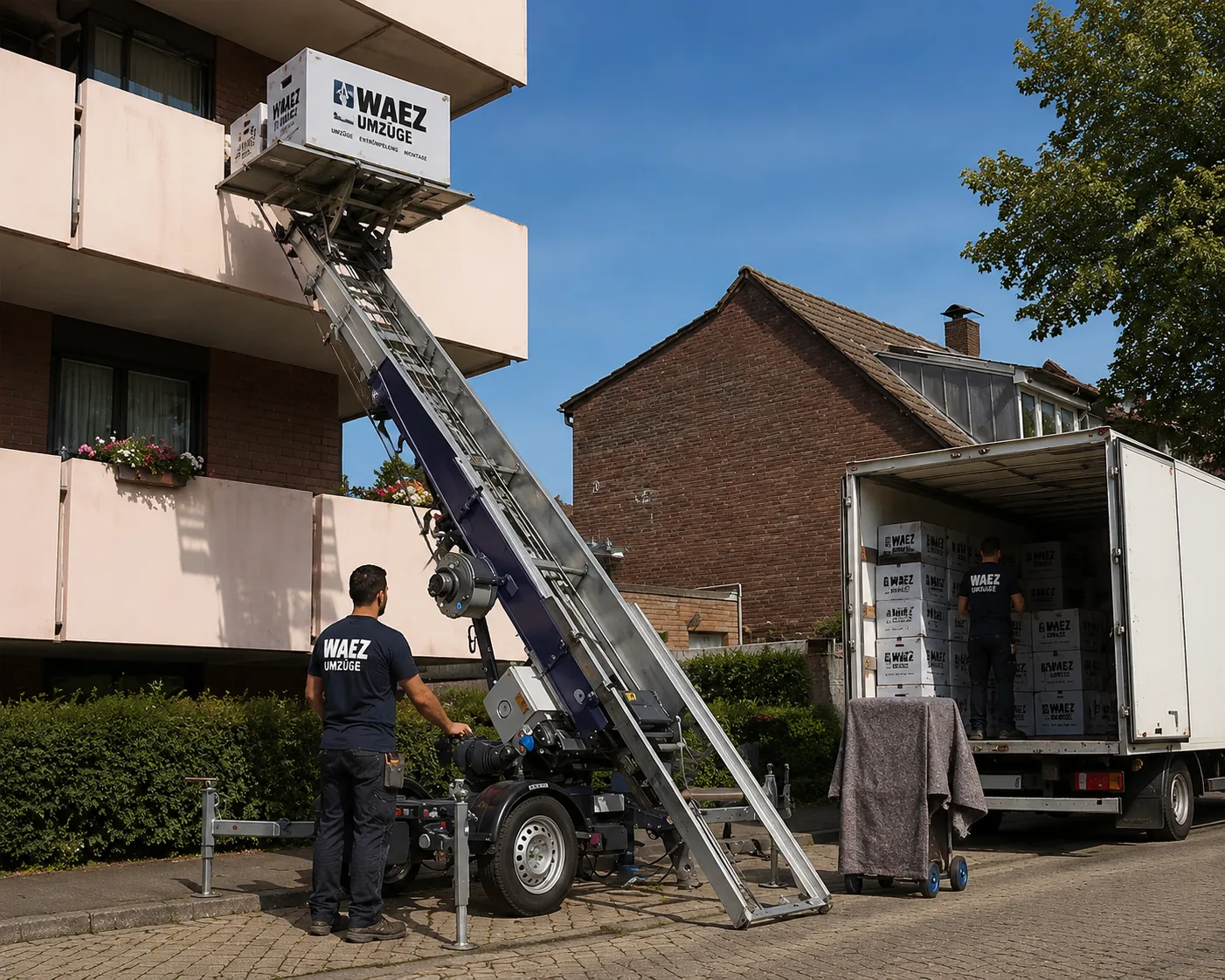 WAEZ Umzüge Möbellift im Einsatz an einem Mehrfamilienhaus – Coburg